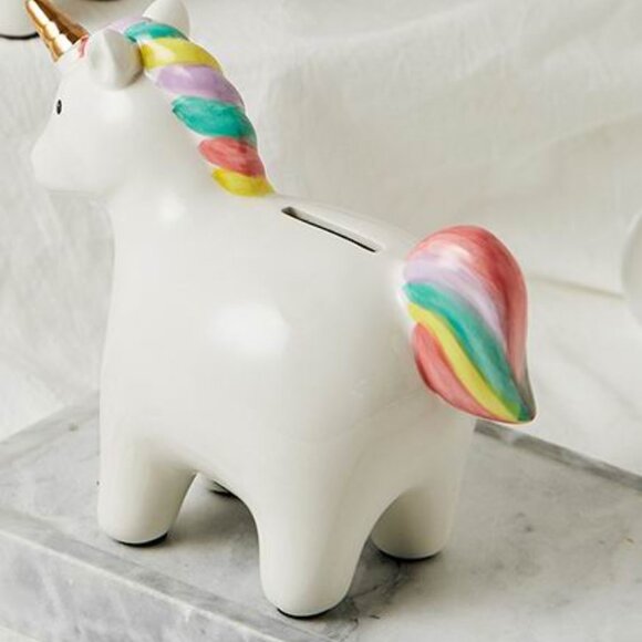 Custom Rainbow Unicorn Bank "Ashley" in Gold- White Ceramic Piggy Bank with Name - Picture 4 of 9